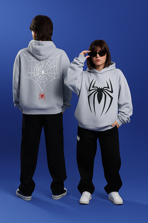 Unisex 3 Thread Hooded Kangaroo Pocket Sweatshirt Front Back Custom Red Black Spider Print