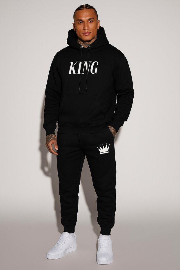 3 Thread Fleece Hooded Kangaroo Pocket King Printed Unisex Tracksuit Set with Crown Detail