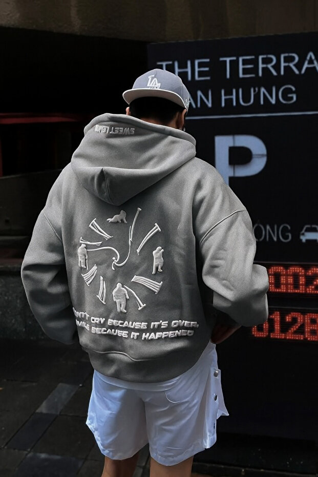Unisex 3-Thread Hooded Sweatshirt with Kangaroo Pocket, Printed with Text and Figure Pattern on the Back