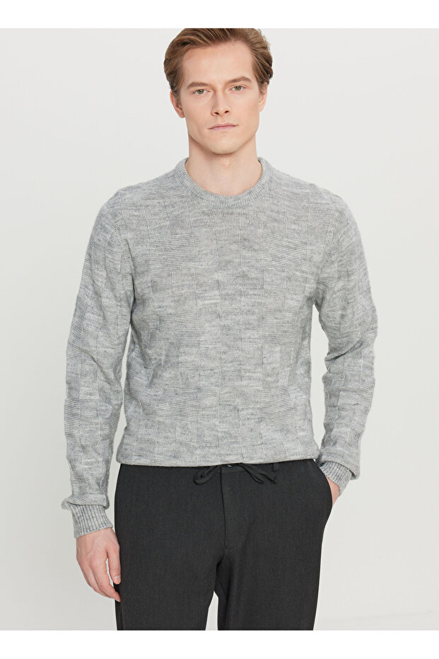 Crew Neck Standard Gray Melange Men's Sweater Ace049261483_Gmj