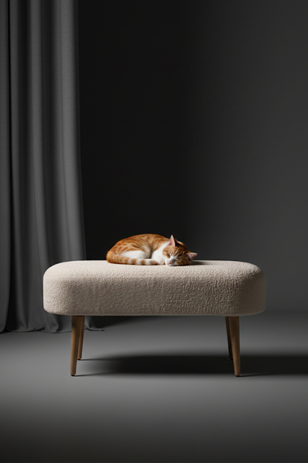 Retro Ahşap Ayaklı Geniş Oturum Alanlı Oval Puf Krem - 2