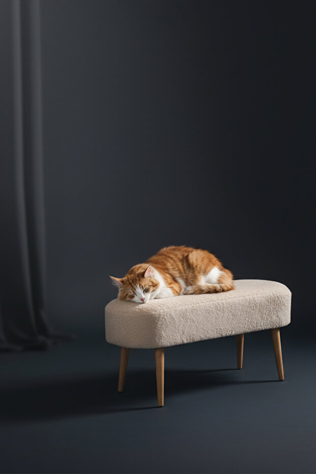 Retro Ahşap Ayaklı Geniş Oturum Alanlı Oval Puf Krem - 1