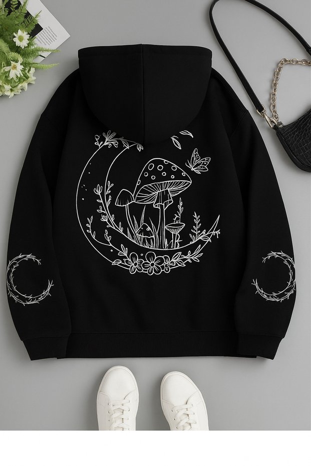 Women's Hooded Kangaroo Pocket Oversized Sweatshirt with Moon Mushroom Flower Print on the Back, Casual Daily Wear