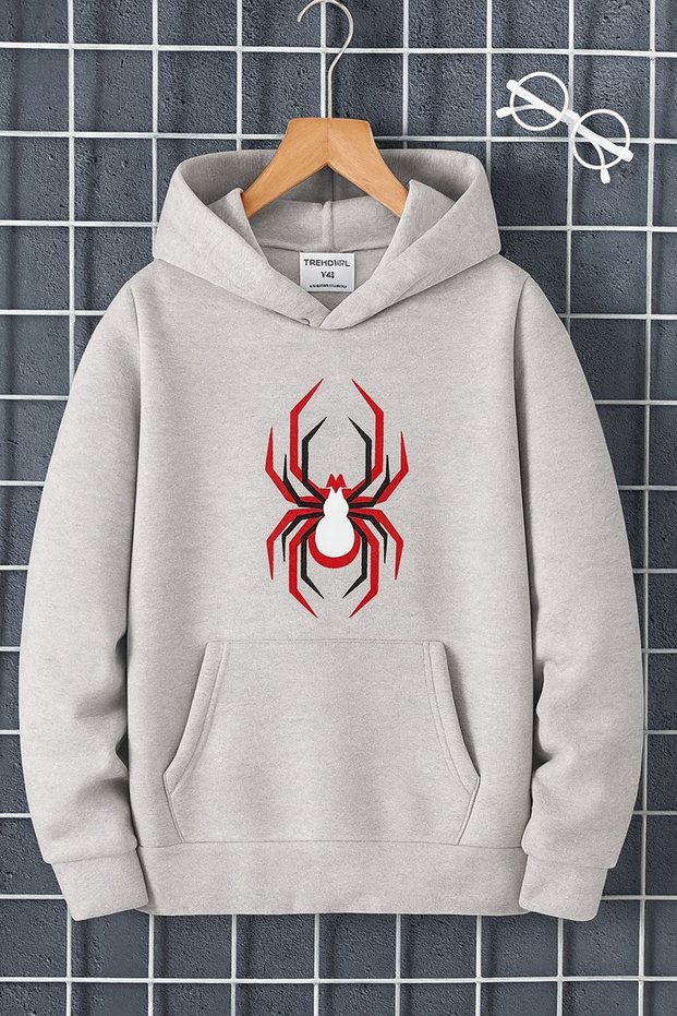 Unisex Kangaroo Pocket 3 Thread Hoodie Modern Spider Print with Hood in White and Red Detail
