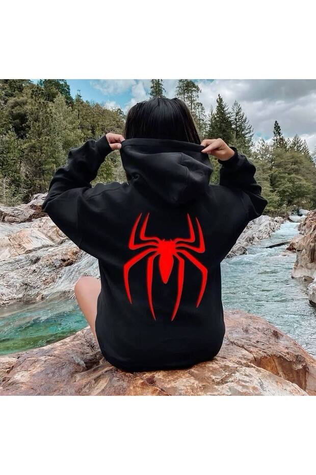 Unisex 3 Thread Hooded Sweatshirt with Kangaroo Pocket Back Large Red Spider Printed