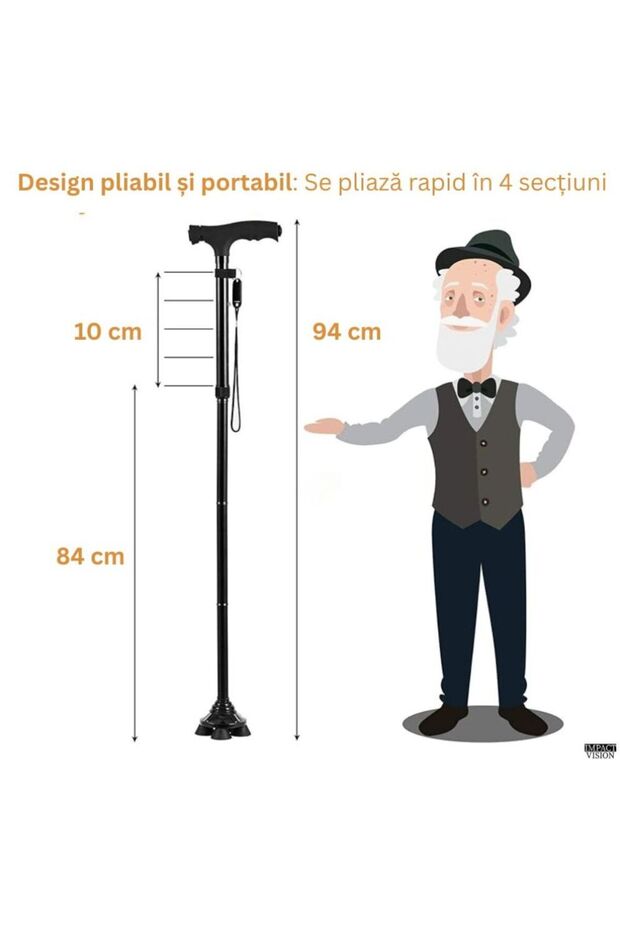 Folding cane with T-handle, Adjustable height, With flashlight, Anti-slip, Black, Impact Vision® - 6