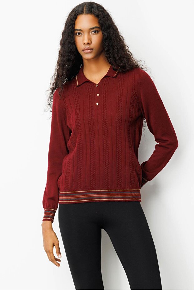 Women's Polo Neck Glitter Striped Wool Blouse Burgundy