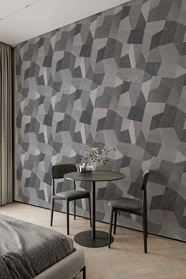 Gri Retro Patchwork Desenli Tek Parça Duvar Kağıdı - 3