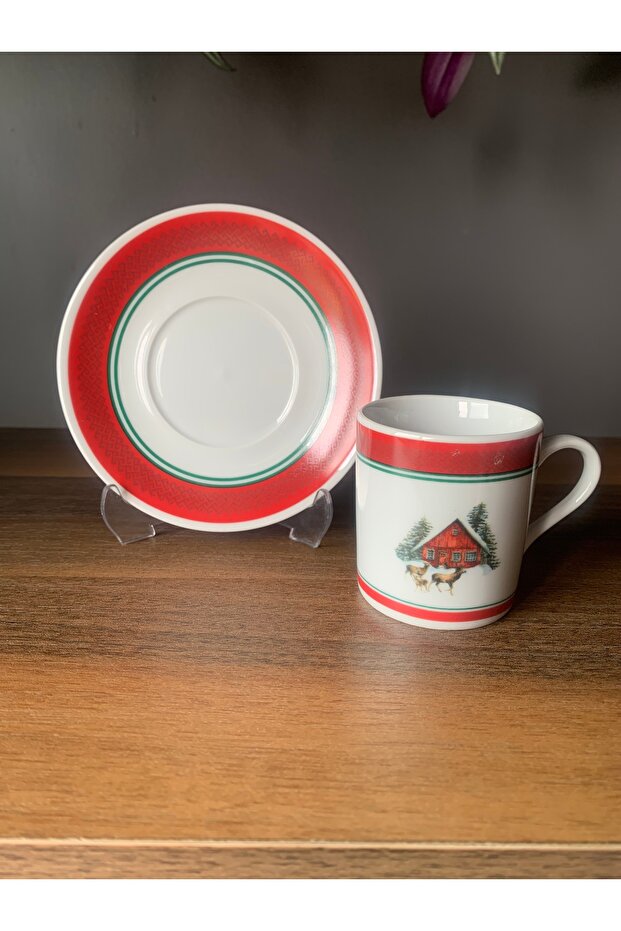 Handmade New Year - Christmas Deer House Model 4 Piece 2 Person Porcelain Turkish Coffee Cup Set