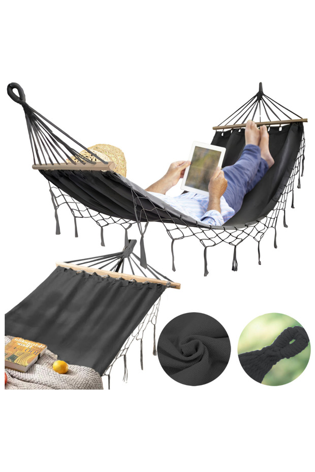Bohemian Macrame Garden Hammock with Spreader Bar and Single Headband, Graphite Cover - 1