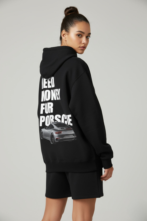 Unisex Oversized Hoodie – “Need Money for Porsche” Design, Black