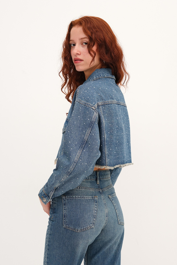 Taşlı Crop Denim Ceket C5017-1 - 6