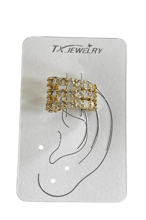 Altın Renk Taş Detaylı 14K Altın Kaplama TX Ear Cuff (Tek) - 2