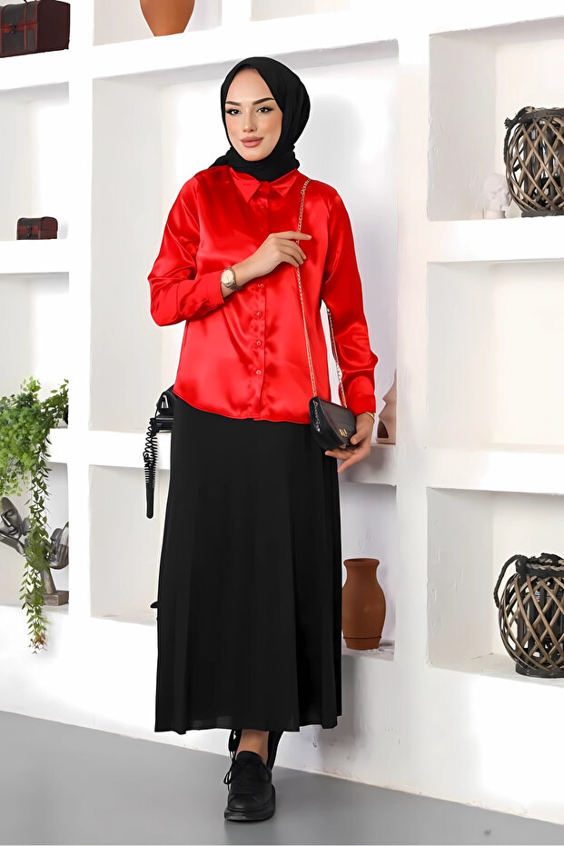 Women's Red Satin Surface Hijab Shirt Hzl25W-Bd139641