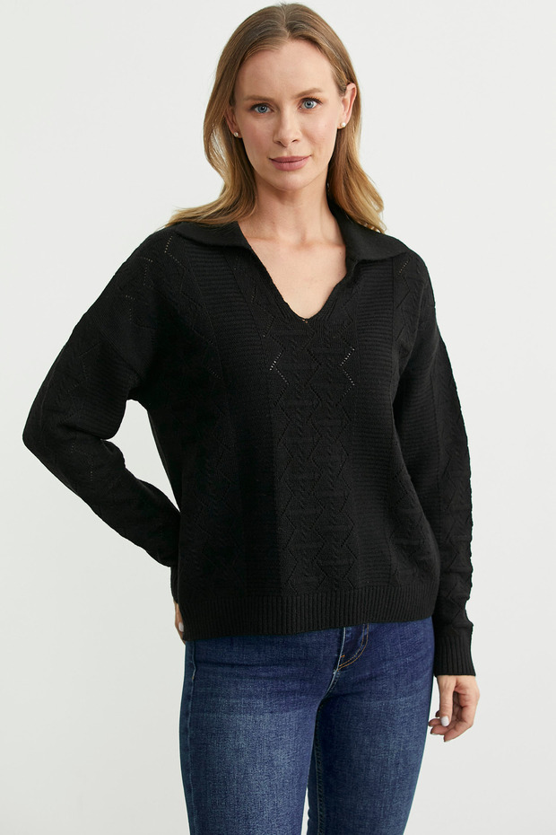 سترة تريكو بياقة بولو - أسود - 3