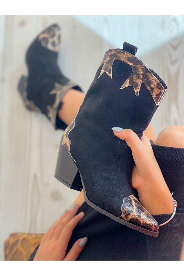 DORİ BLACK SUEDE LEOPARD DETAIL DALLAS WESTERN BOOTS
