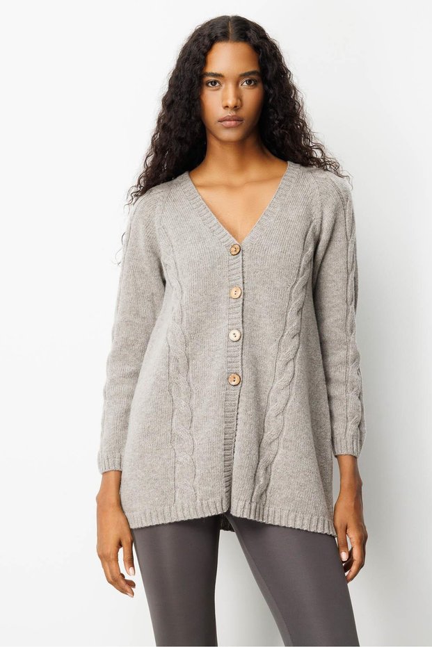 Women's V-Neck Hair Braided Long Wool Cardigan Mink
