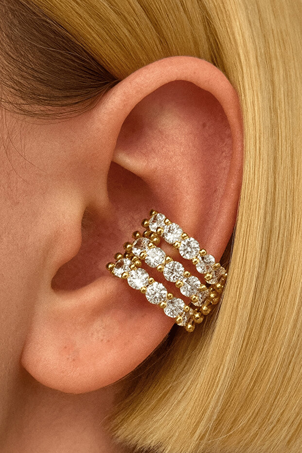 Altın Renk Taş Detaylı 14K Altın Kaplama TX Ear Cuff (Tek) - 1