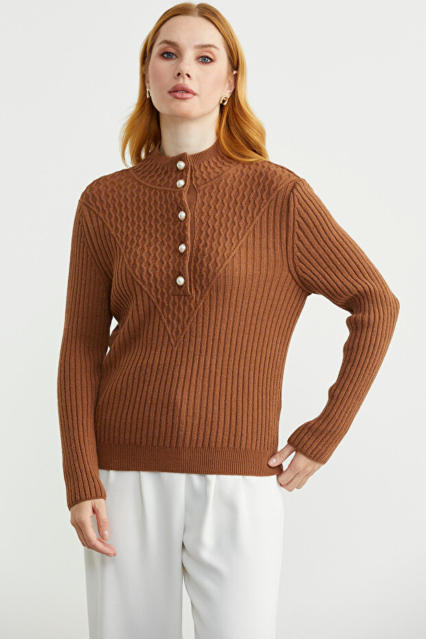 Önü Düğmeli Dik Yaka Triko Kazak - Taba - 5