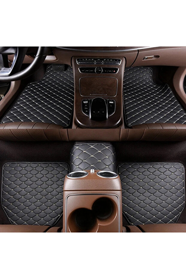 Black-beige Car Floor Mats 5Pcs Universal Quality PU Leather Waterproof Auto Foot Pad Protector Auto