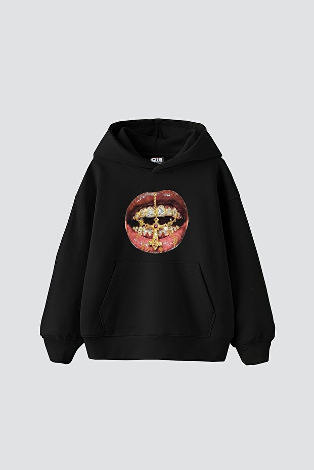 Rhinestone Teeth Printed Oversize Unisex Black Hoodie