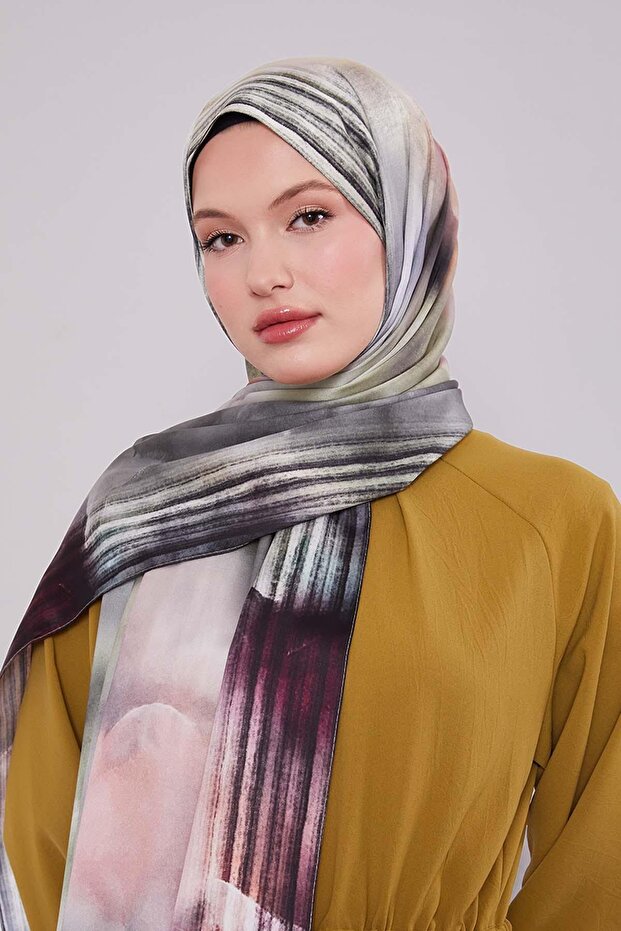 Yeşil Ebruli Desen Twill Şal - 2