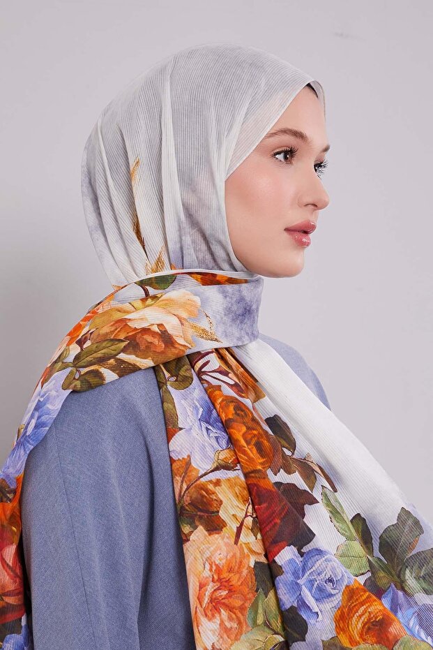 Blue Flower Branch Pattern Cotton Shawl