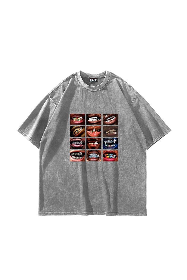 تي شيرت أبيض قابل للغسل للجنسين مطبوع عليه Grillz
