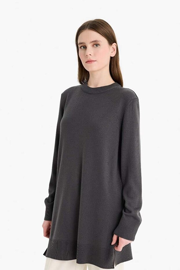 Regular Fit Bisiklet Yaka Yırtmaçlı Basic Düz Triko Kazak Tunik (25 WN) - 4