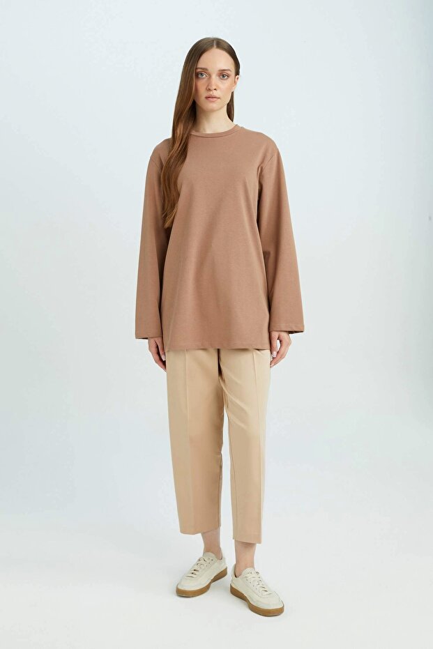 D4897 Kahve Regular Fit Bisiklet Yaka Basic Düz Uzun Kollu Tişört Tunik - 2