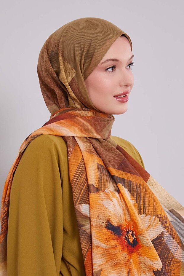Khaki Floral Striped Cotton Shawl
