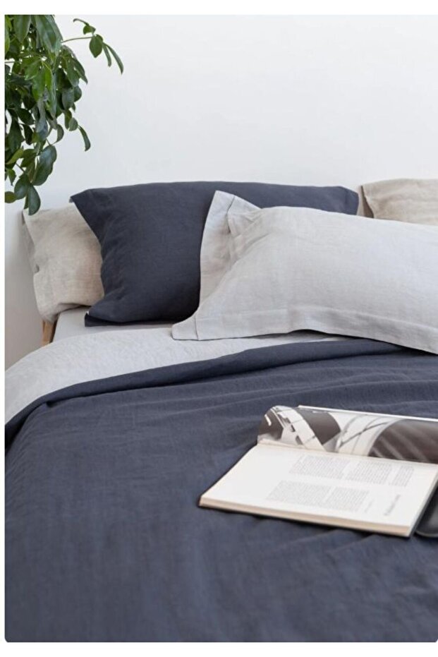 Navy Blue-Natural 100% Cotton Washed Vintage Double Duvet Cover Set, (200 X 220)