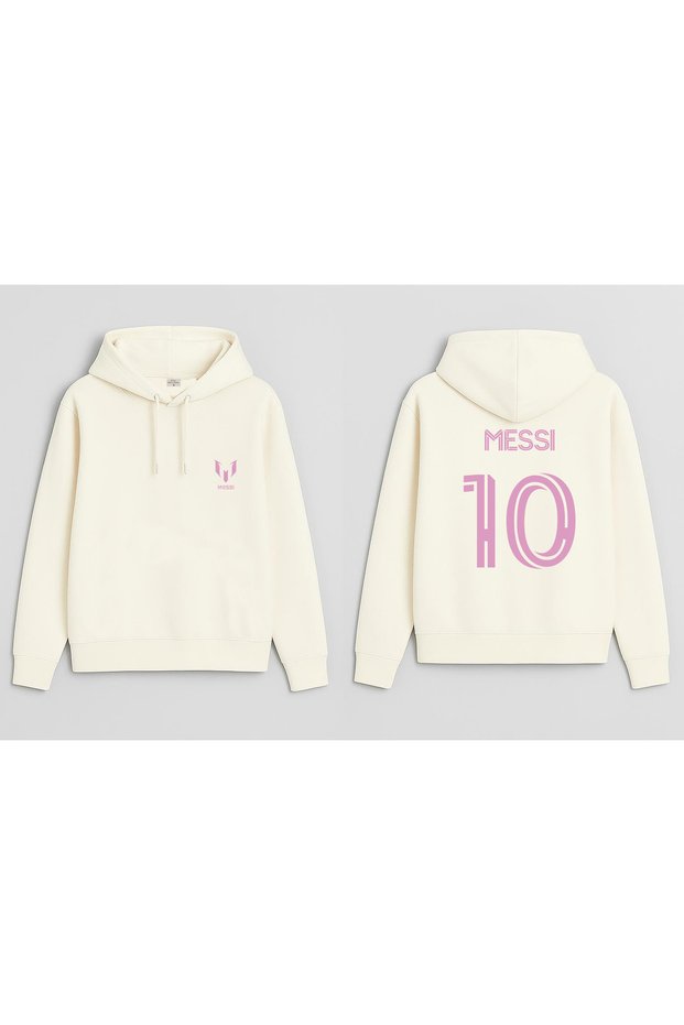 Footballer Lionel Messi Printed Boys' Ecru Hooded Sweatshirt Hoodie