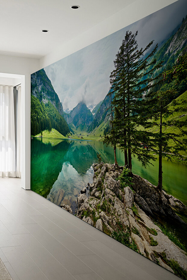 Yeşil Vadi ve Göl Manzaralı Tek Parça Duvar Kağıdı - 1