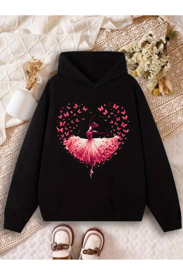 Girl's Ballerina and Butterflies Printed Black Hooded Sweatshirt