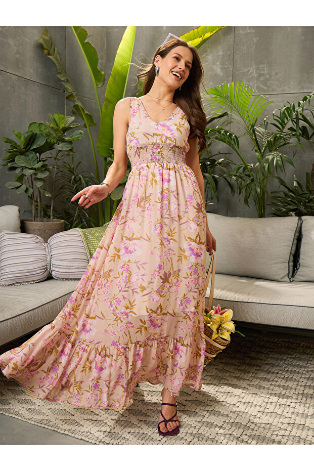 Beige Floral Sleeveless Maxi Dress