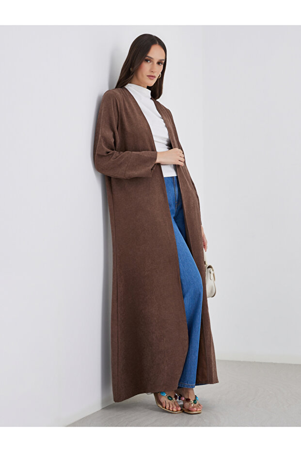 Brown Suede Look Front Open Abaya