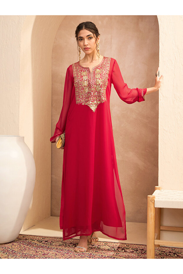Red Sequined Abaya Dress with Inner Cami Slip