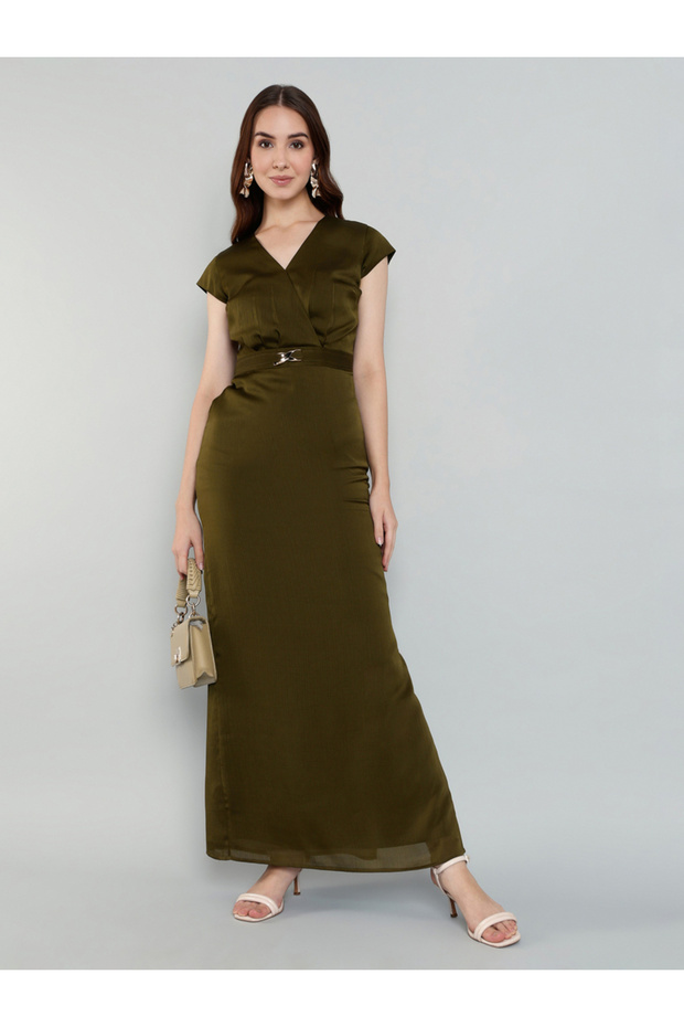 Women Olive Buckle Detail Maxi Dress