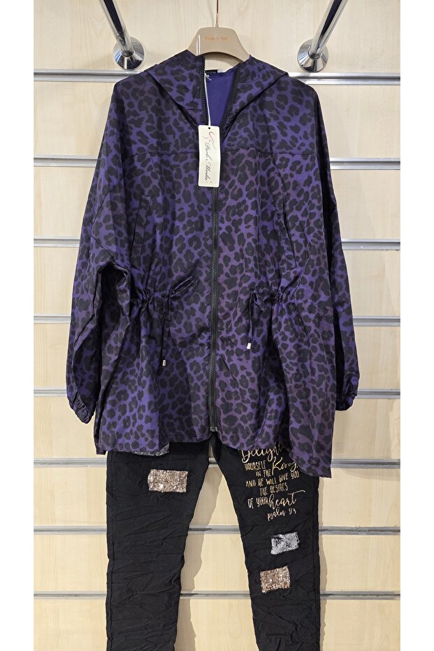 سترة واقية من المطر رفيعة بسحاب بنمط الفهد - 1