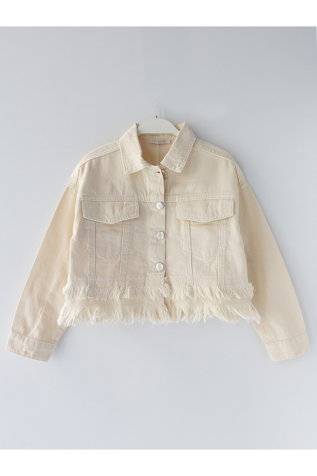 DobaKids Püskül Detaylı Kız Çocuk Kısa Denim Ceket Kız Crop Kot Mont Ekru