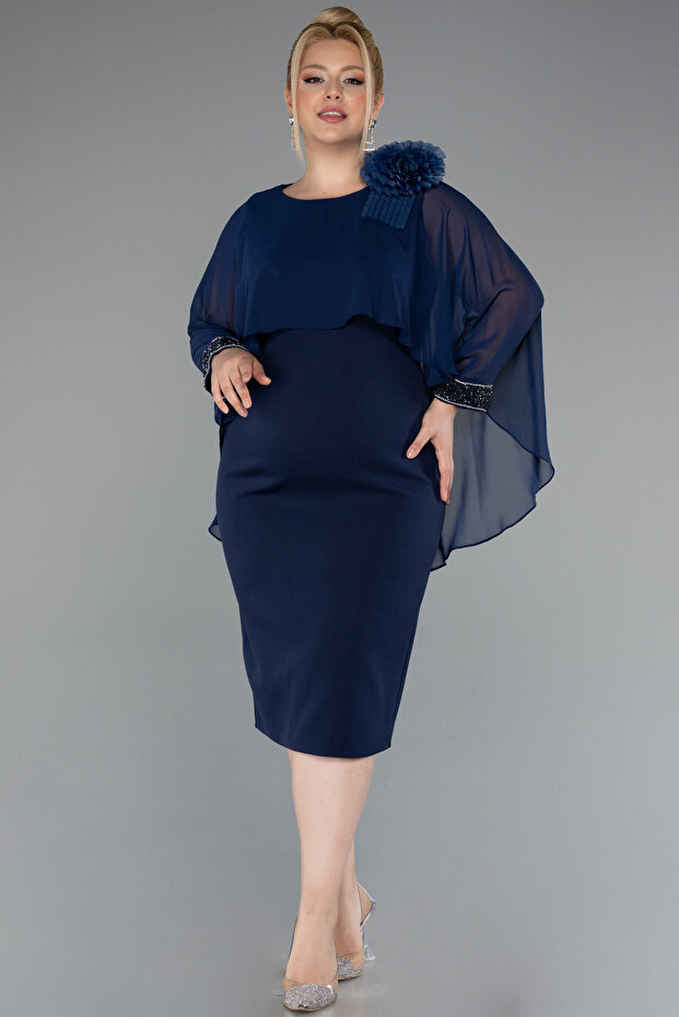 Lacivert Kapri Kol Midi Şifon Büyük Beden Davet Elbisesi ABK2383 - 1