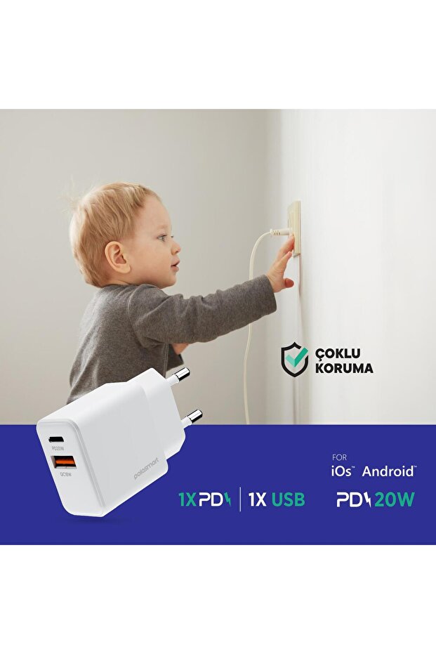 PBS136 Hızlı 1 USB 1 PD Çıkışlı 20W Şarj Adaptörü Duvar Şarjı Beyaz - 4