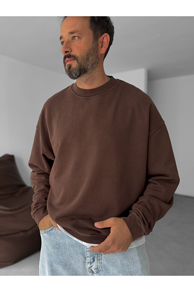 Kahve Yıkamalı Basic Sweatshirt DF-2065 - 1