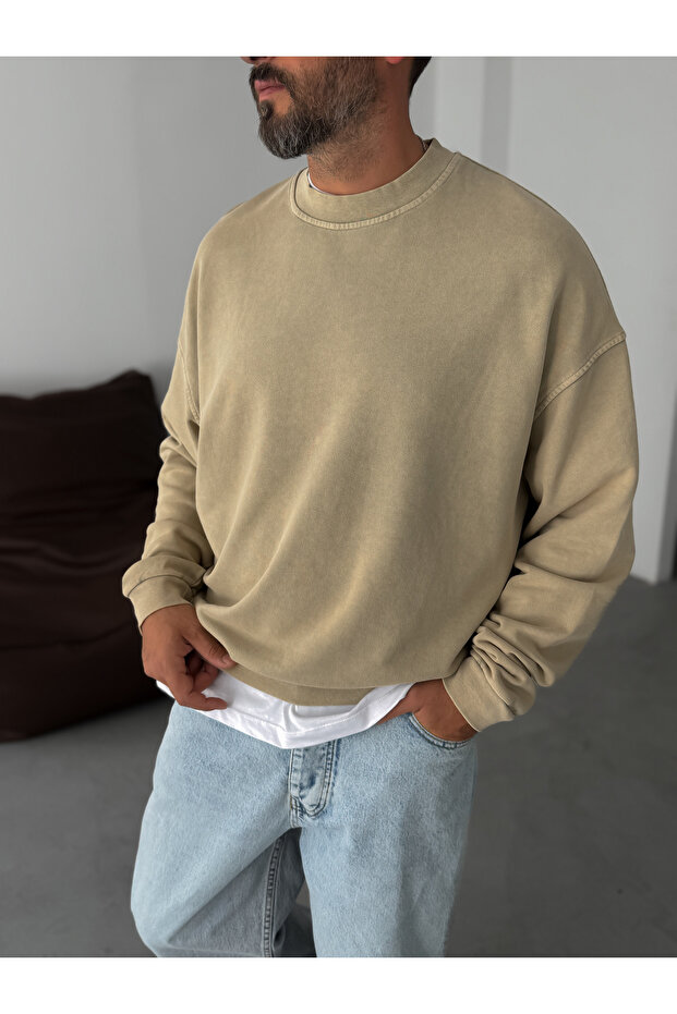 Bej Yıkamalı Basic Sweatshirt DF-2065 - 3