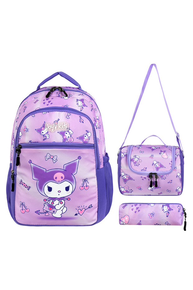 Joy's Kids Purple Kuromi Patterned 3-Piece School Bag Set (Backpack + Lunch Box + Pen Holder)
