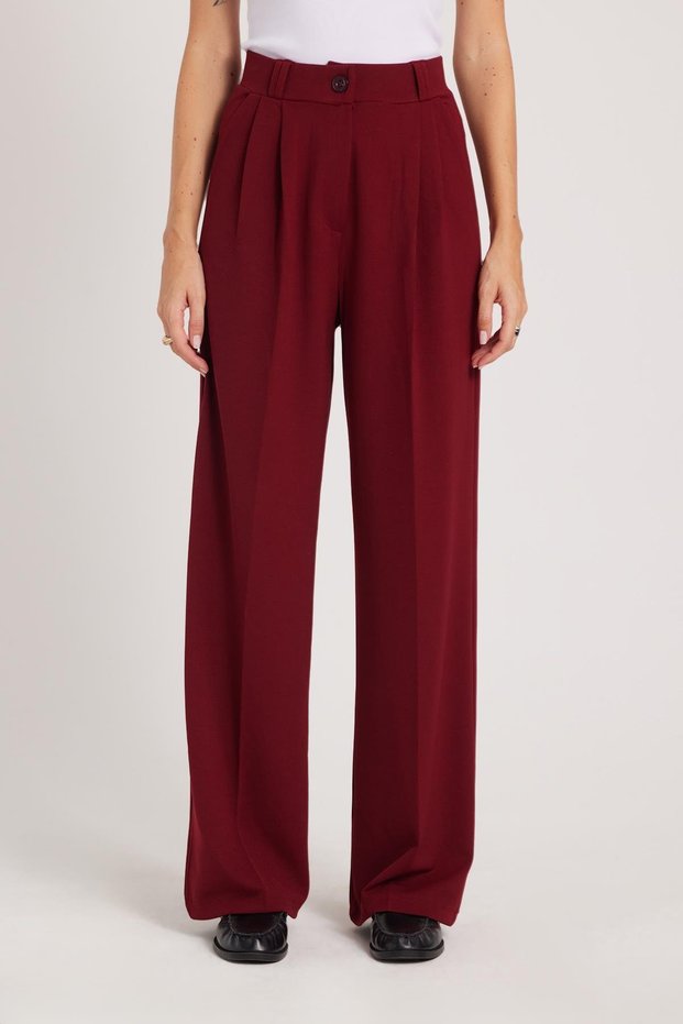 Women's Regular Fit Classic Cut High Waist Wide Leg Burgundy Trousers