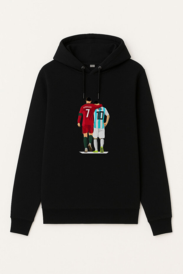 Football Player Messi Ronaldo Printed Boys' Black Hooded Sweatshirt Hoodie