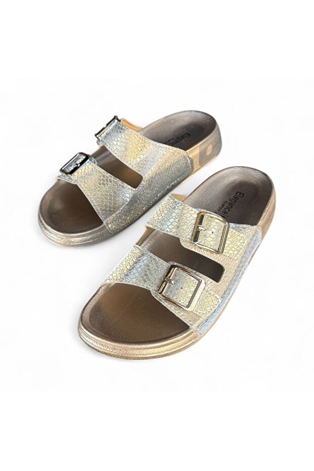 Elegance Women's Shiny Double Buckle Casual Comfort Sole Slippers