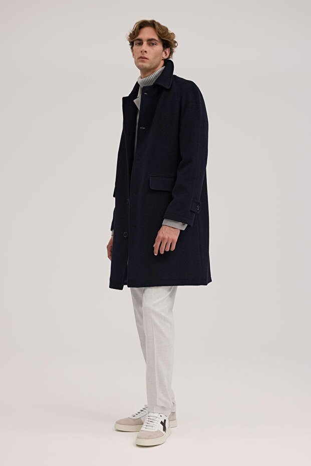 Navy Blue Comfort Fit Baby Collar Wool Coat